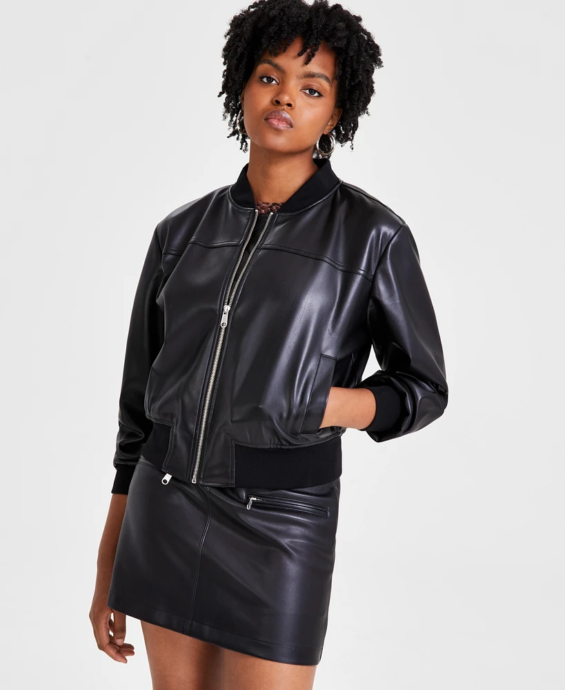 Bar Iii Women's Faux-Leather Zip-Front Bomber Jacket, Created for Macy's