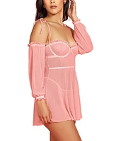 Hauty Women's 2PC Babydoll Lingerie Set Sheer Soft Mesh and Attached off the Shoulder Sleeves