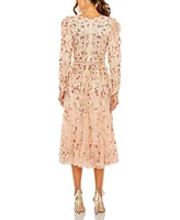 Women's Floral Embellished Wrap Over Puff Sleeve A Line Gown