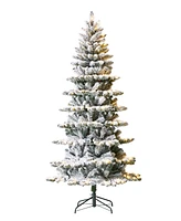 Glitzhome 7.5ft Pre Lit Flocked Slim Spruce Artificial Christmas Tree with 320 Warm White Lights, 3 Function