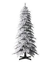 Glitzhome 7.5ft Pre Lit Flocked Rotating Slim Spruce Artificial Christmas Tree with 400 Clear Lights,9 Functional Warm White Multi color,remote contro