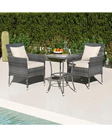 Gymax 3-Piece Patio Furniture Set Pe Wicker Conversation Bistro Set w/ A Tempered Glass Table