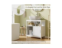 Slickblue Pedestal Sink Storage Cabinet with 2 Sliding Doors and U-shaped Cut-out-White