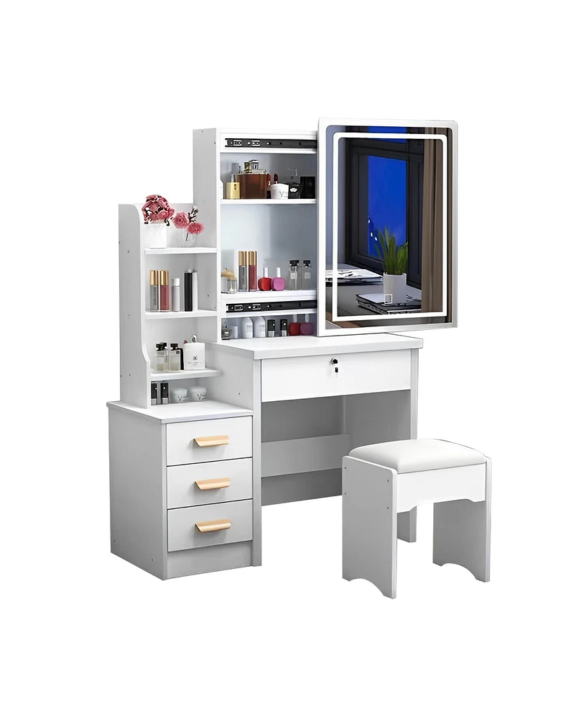 Simplie Fun White Vanity Desk Set with Mirror, Lights and Chair