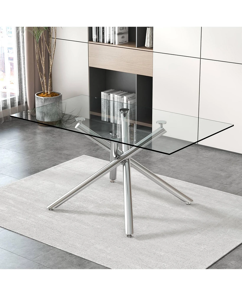 Modern Glass Dining Table with Silver Chrome Legs, 63"x35"x29