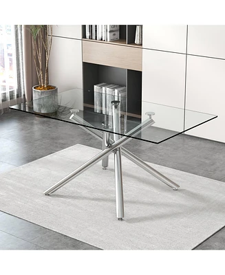 Modern Glass Dining Table with Silver Chrome Legs, 63"x35"x29