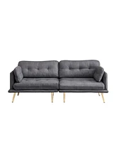 Simplie Fun 3 Seat Sofa With Gold Metal Legs Soft With Cotton Linen Fabric Dark Grey