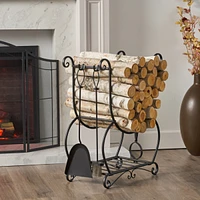 Streamdale Furniture Roderick Wrought Iron Log Rack and 4-Piece Tool Set