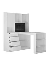 Simplie Fun L Shaped Desk with Charger, Computer Desk with Drawers, Bookshelf & Hutchwith Led Light, Modern Corner Desk, Home Office Desk, L