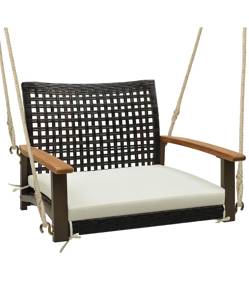 Slickblue Single Rattan Porch Swing with Armrests Cushion and Hanging Ropes-White