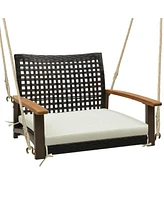 Slickblue Single Rattan Porch Swing with Armrests Cushion and Hanging Ropes-White