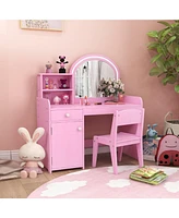 Slickblue Kids Vanity Table and Chair Set with Shelves Drawer Cabinet