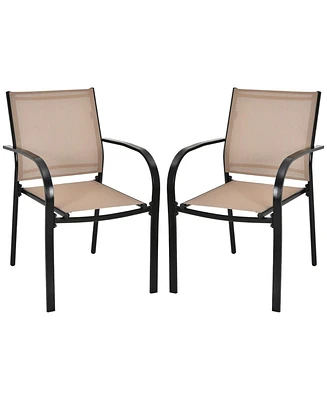 Slickblue Set of 2 Patio Stackable Dining Chairs with Armrests Garden Deck-Brown