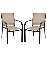 Slickblue Set of 2 Patio Stackable Dining Chairs with Armrests Garden Deck-Brown