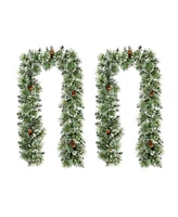 Glitzhome Set of 2 6ft Pre Lit Frosted Greenery Pinecones Christmas Garland, with 35 C3 Clear Light Emitting Diode Lights and Timer, Three Function