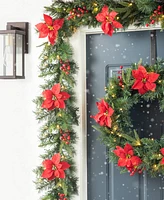 Glitzhome Set of 2 6ft Pre Lit Greenery Pine Red Poinsettia and Berries Christmas Garland, with 50 Warm White Lights and Timer, Three Function