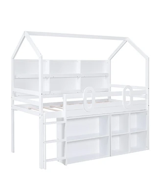 Simplie Fun Twin Size House Loft Bed With Multiple Storage Shelves, White