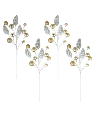 Glitzhome Set of 4 24 H Christmas Elegant Silver Gold Pinecone Picks