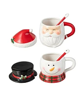 Glitzhome Set of 2 Christmas Ceramic Santa Snowman Mug with Lid and Spoon