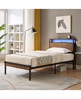 Streamdale Furniture Metal Platform Bed with Wooden Headboard, Led Lights, Usb Liner, Easy Assemble