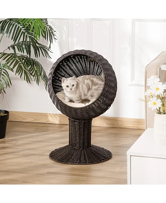 Simplie Fun 27" Rattan Wicker Elevated Cat House Kitty Scratch House Pet Bed W/ Cushion