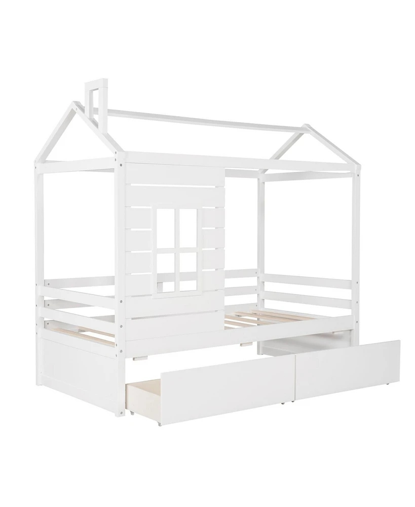 Simplie Fun Twin Size House Bed Wood Bed With Two Drawers