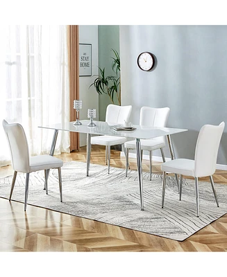 Simplie Fun Modern Glass Dining Table with 4 Pu Leather Chairs, Imitation Marble Top