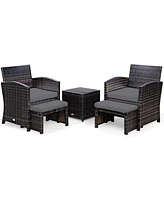 Gymax 5PCS Rattan Patio Furniture Set Chair & Ottoman Set w/ Cushions