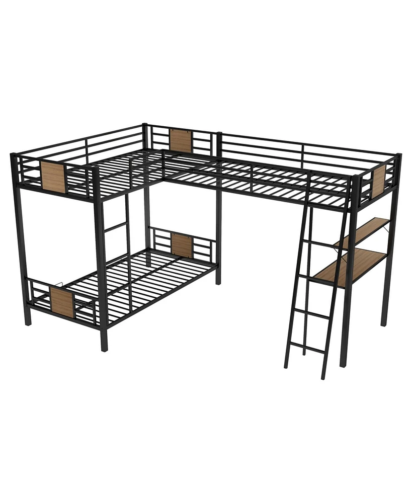 Simplie Fun L-Shaped Twin Over Twin Bunk Bed With Twin Size Loft Bed With Desk And Shelf, Brown