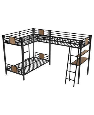Simplie Fun L-Shaped Twin Over Twin Bunk Bed With Twin Size Loft Bed With Desk And Shelf, Brown
