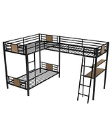 Simplie Fun L-Shaped Twin Over Twin Bunk Bed With Twin Size Loft Bed With Desk And Shelf, Brown