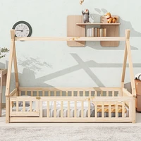 Twin Tentshaped Floor Bed, With Guardrails, Slats, Door, Natural