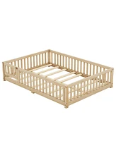 Streamdale Furniture Full Size Bed Floor Bed with Safety Guardrails and Door for Kids, Natural