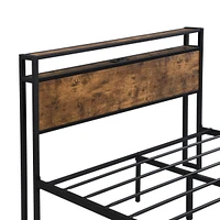 King Size Metal Platform Bed Frame with Storage & Usb No Box Spring Needed