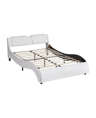 Simplie Fun Queen Size Upholstered Pu Leather Platform Bed With Led Light Bed Frame With Slatted