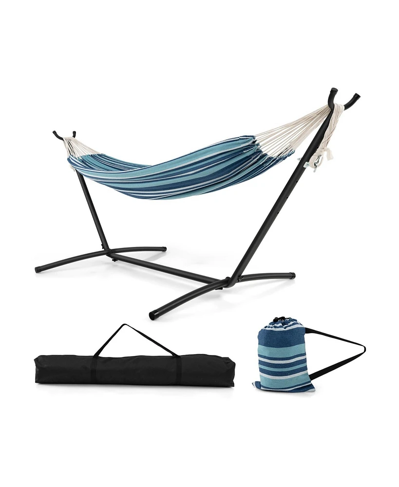 Slickblue Portable Indoor Outdoor 2-Person Double Hammock Set with Stand and Carrying Cases-Blue