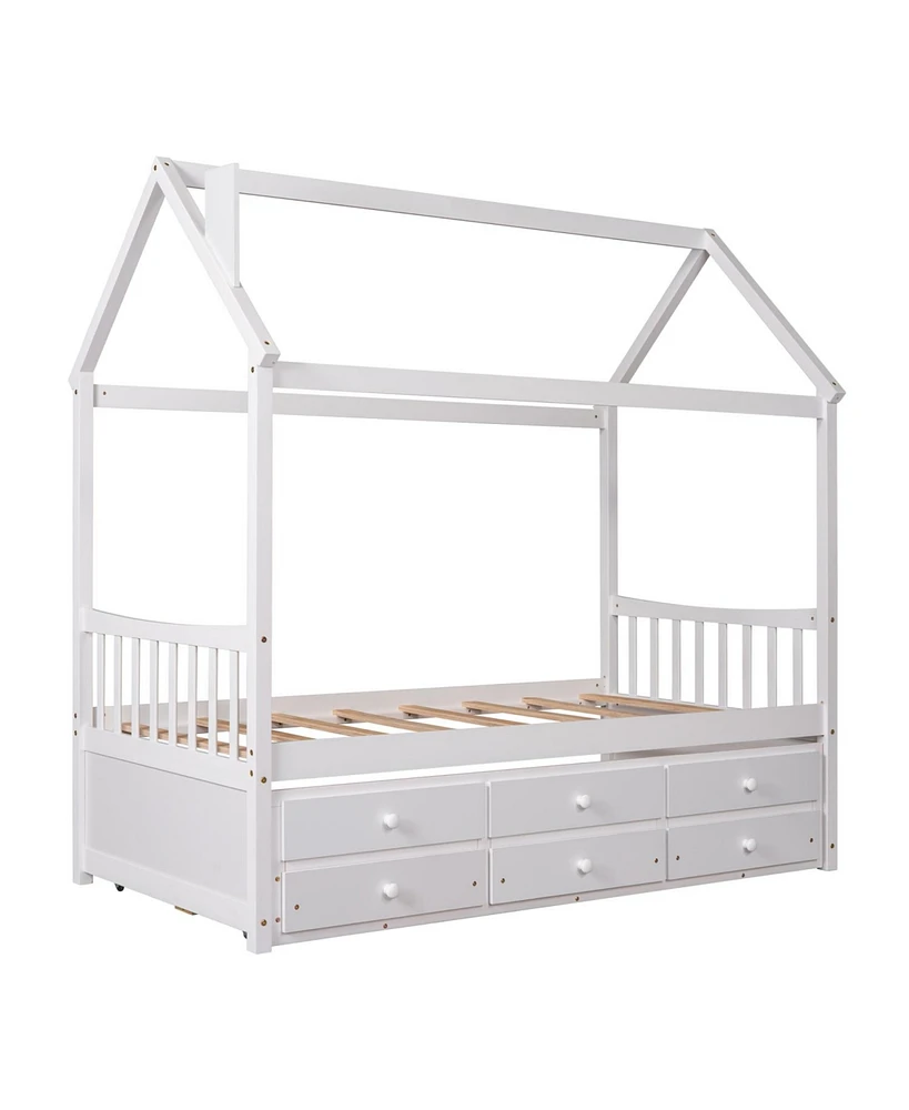 Simplie Fun Twin Size Wooden House Bed With Trundle And 3 Storage Drawers