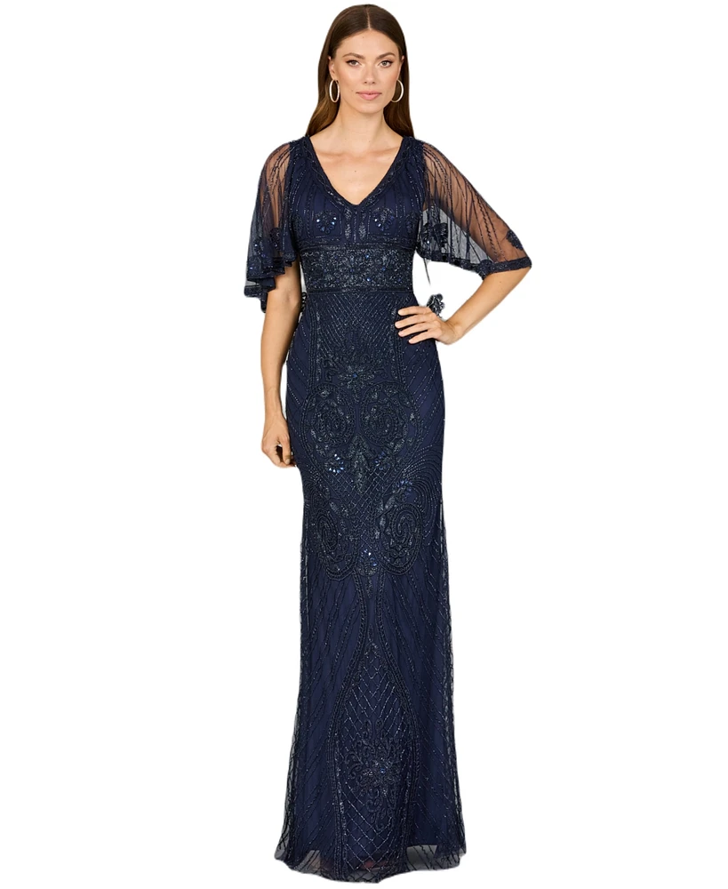 Lara Women's Cape Sleeve V-Neck Beaded Gown