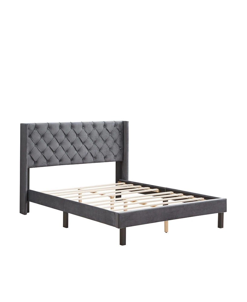 Simplie Fun Gray Velvet Winged Queen Platform Bed