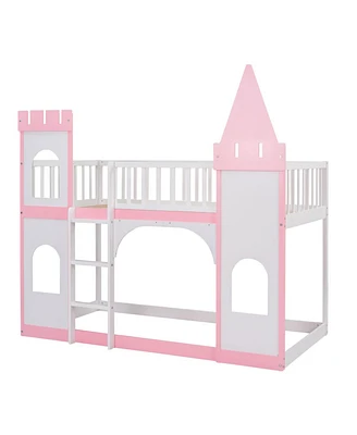 Simplie Fun Twin Over Twin Castle Bunk Bed With Ladder - Pink