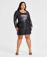 Bar Iii Trendy Plus Faux-Leather Zip-Pocket Mini Skirt, Created for Macy's