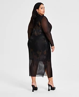 Bar Iii Trendy Plus Mesh-Overlay Long-Sleeve Dress