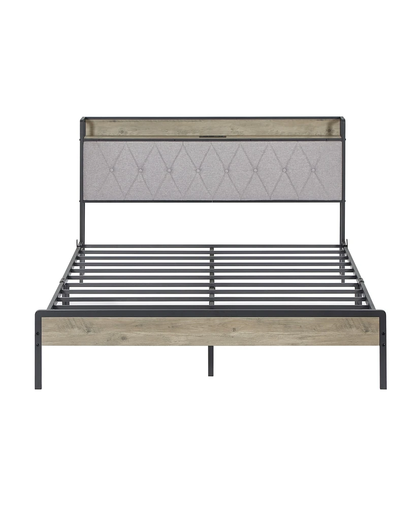 Simplie Fun Bed Frame With Charging Station Queen Size, Grey, 87.8" L X 61.8" W X 39.2" H