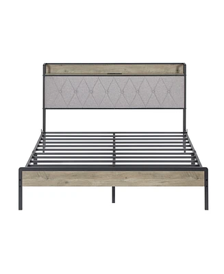 Simplie Fun Bed Frame With Charging Station Queen Size, Grey, 87.8" L X 61.8" W X 39.2" H