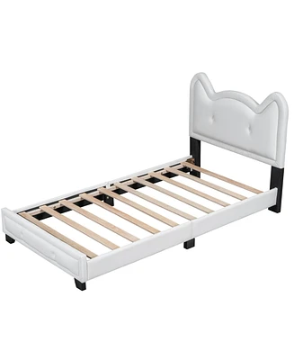 Twin Size Upholstered Platform Bed With Carton Ears Shaped Headboard