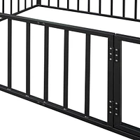 Queen Size Metal Floor Bed Frame With Fence And Door