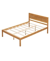 Simplie Fun Platform Bed Frame With Headboard, Wood Slat Support, No Box Spring Needed, Full, Oak