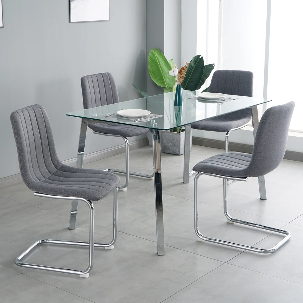 Streamdale Furniture 51.1" Glass Table & Fabric Chair set, Silver Metal Legs