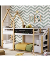 Simplie Fun Twin Over Twin House Bunk Bed With White Storage Staircase And Blackboard, White And Natural