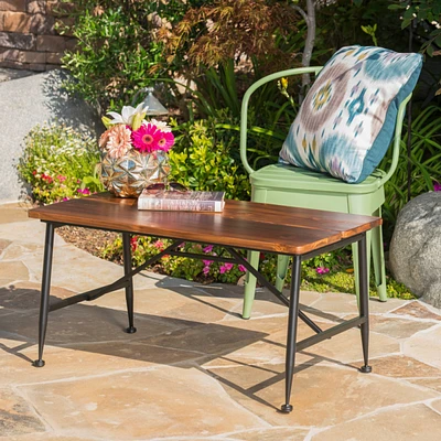 Industrial-Chic Acacia Wood Patio Coffee Table with Weather-Resistant Iron Frame